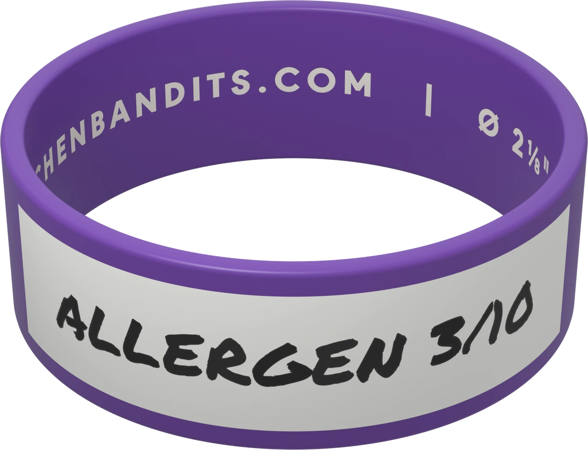 Purple Kitchen Bandits band, hand-labeled ALLERGEN 3/10