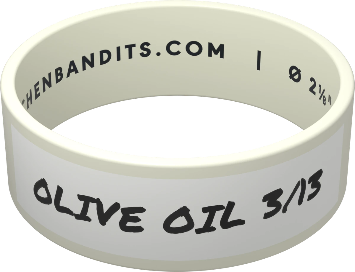 White Kitchen Bandits band, hand-labeled OLIVE OIL 3/13