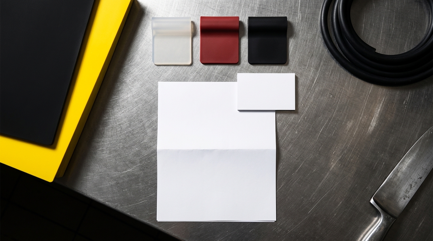 Silicone material samples and a product specification sheet on a stainless counter