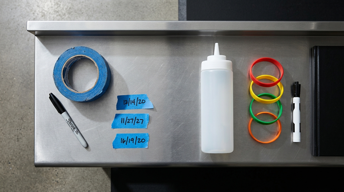Masking tape, a marker, and silicone bottle bands on a prep counter