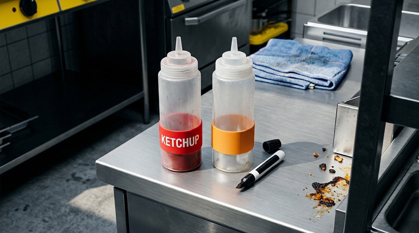 Two squeeze bottles, one using fixed printed text and one using a writable silicone bottle band