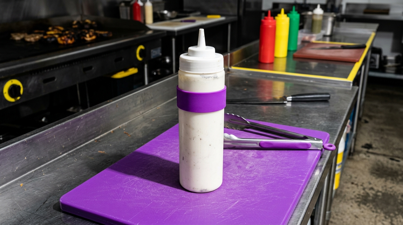 A purple silicone bottle band used as a visual cue on a squeeze bottle