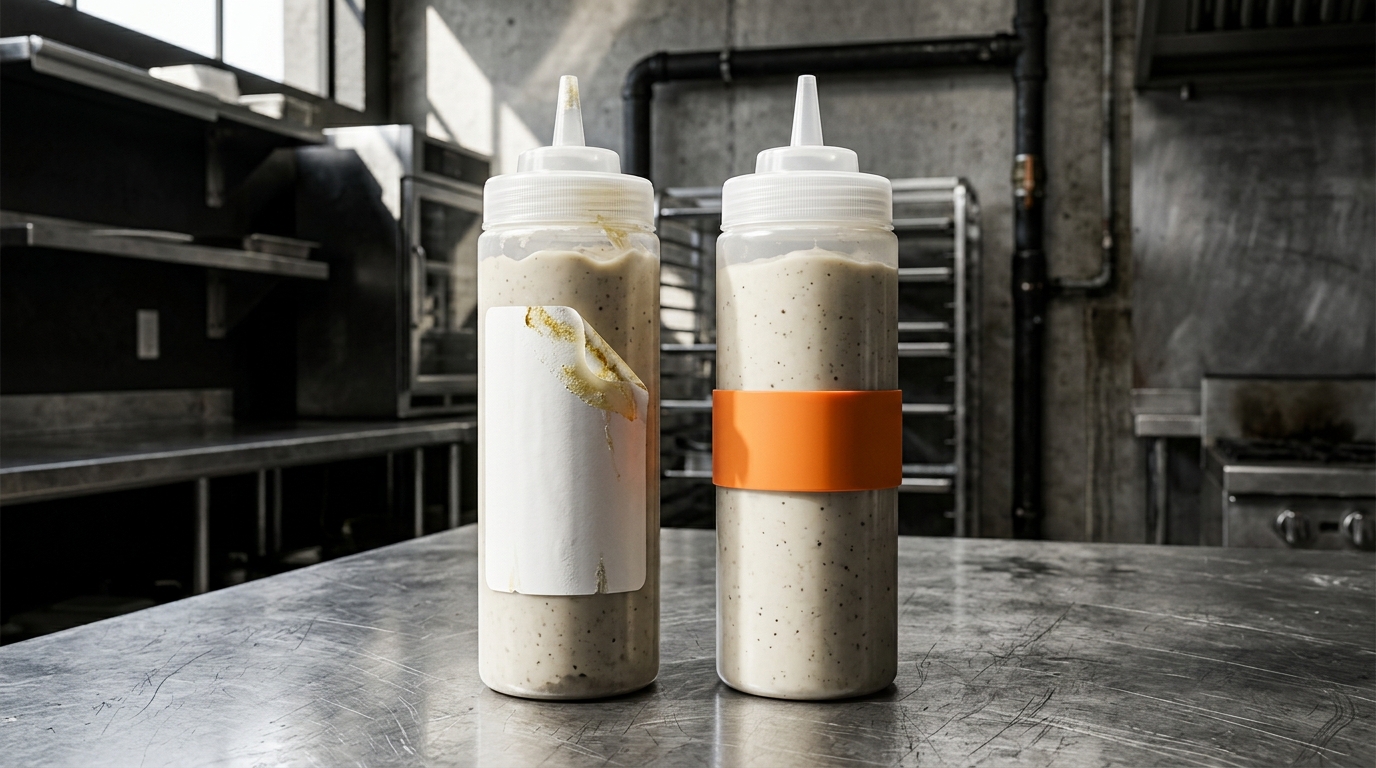 Two squeeze bottles, one with a lifting adhesive label and one with a silicone bottle band