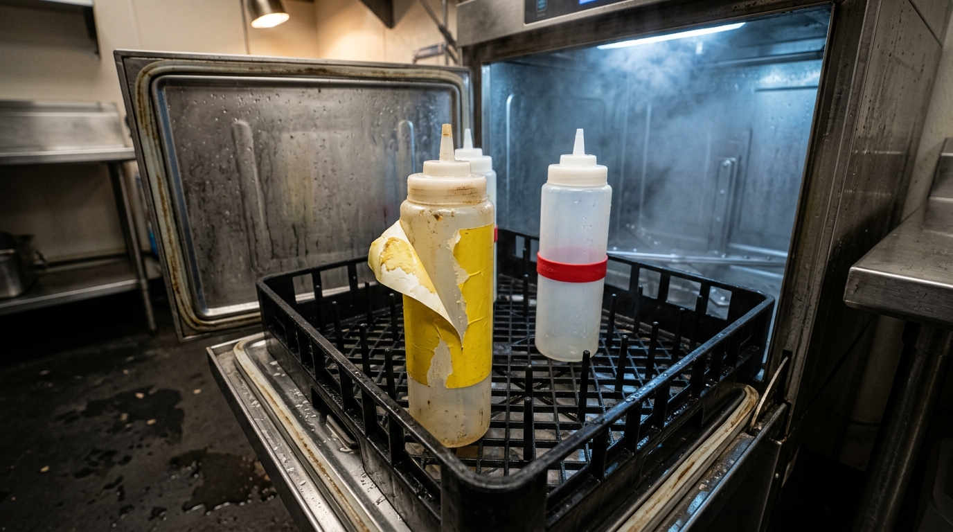 Dishwasher rack with bottles using adhesive labels and silicone bottle bands