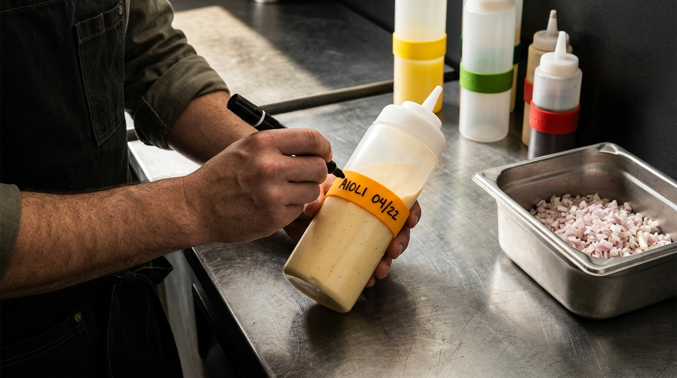 A chef's hand writing on a silicone bottle band at a prep station