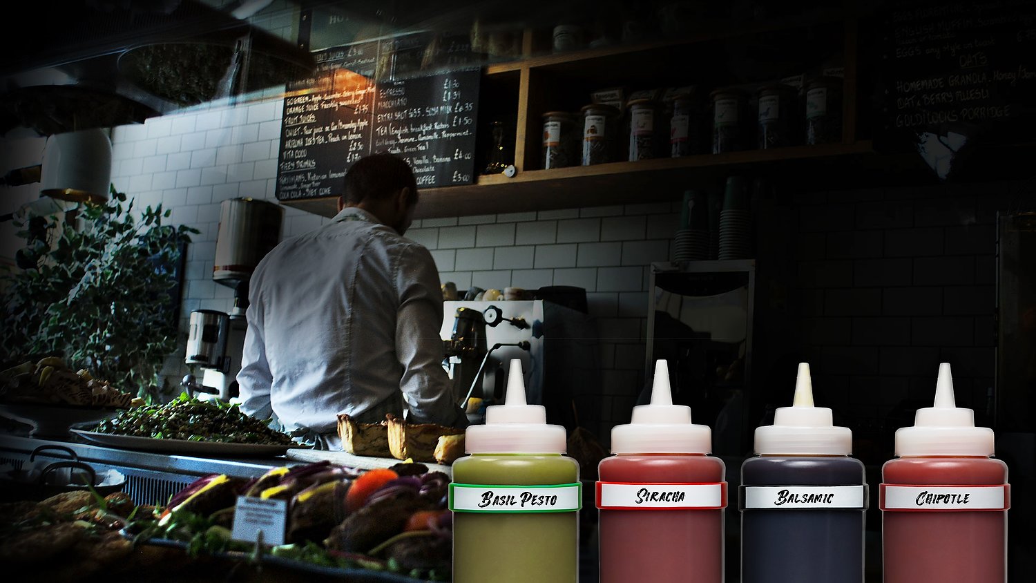 A chef's hand writing on a silicone bottle band at a prep station