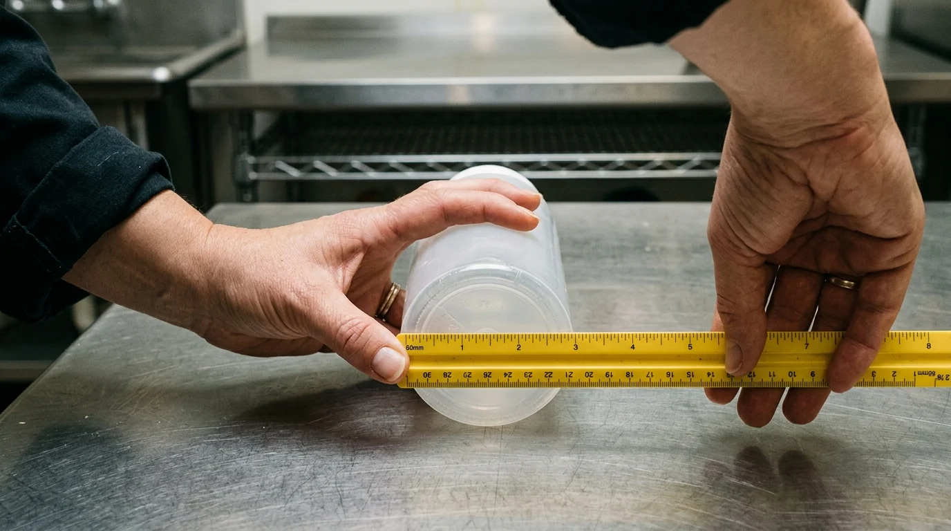 Two hands measuring the widest diameter of a clear squeeze bottle body with a yellow ruler