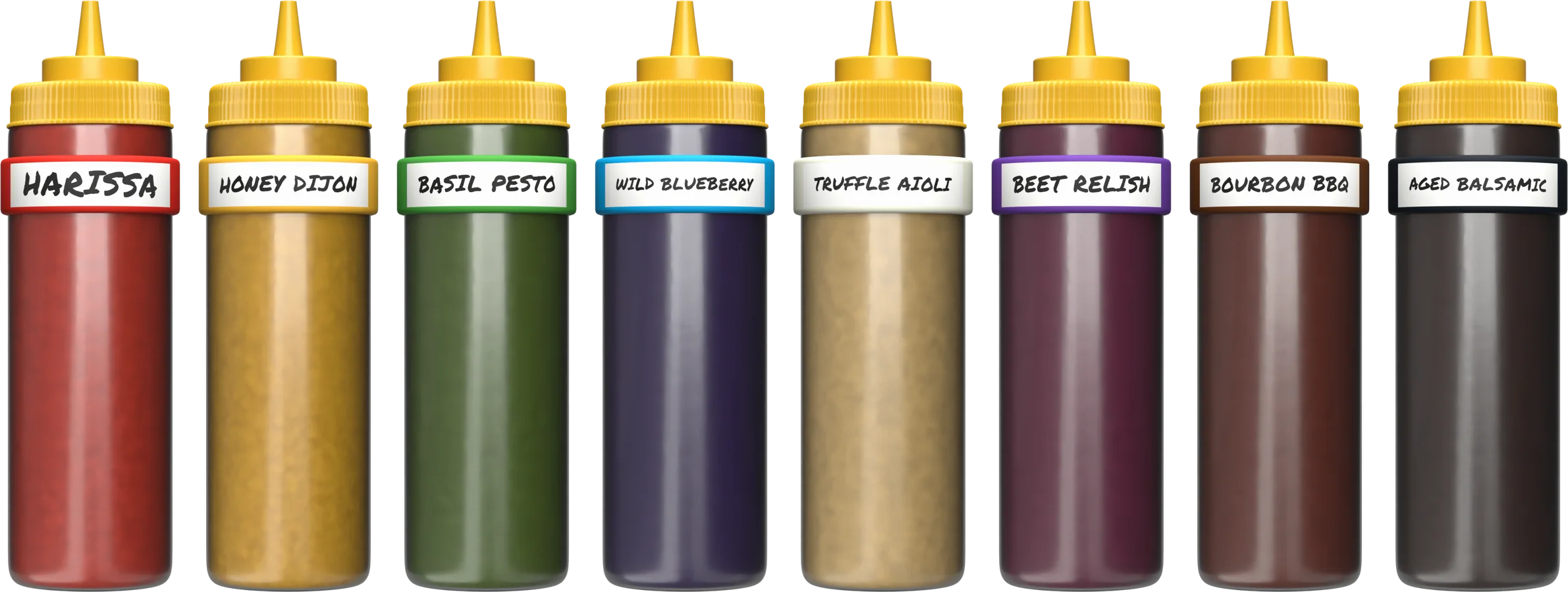 Eight squeeze bottles wearing the eight Kitchen Bandits colors, each hand-labeled with its contents